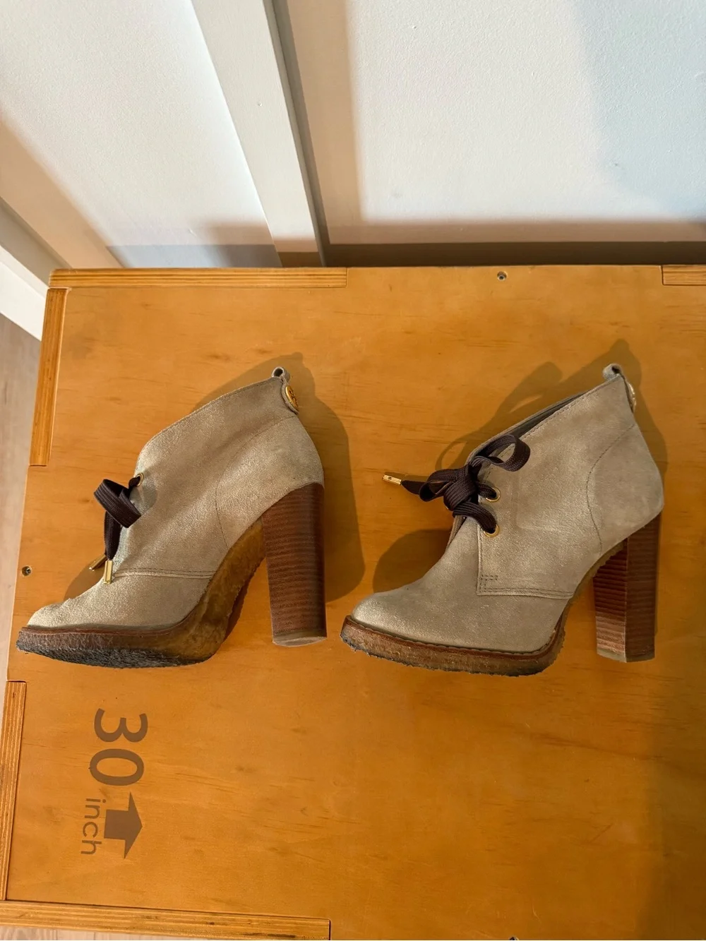 Tory Burch Hilary Suede Lace-Up Ankle Booties beige